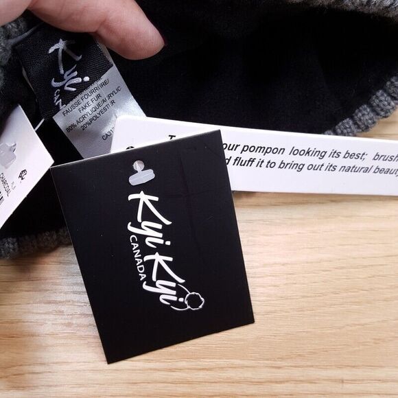 KYI KYI CANADA Womens Hat Gray Beanie Fold Up Ribbed Knit Faux Fur Pom Pom $71 - Picture 3 of 5